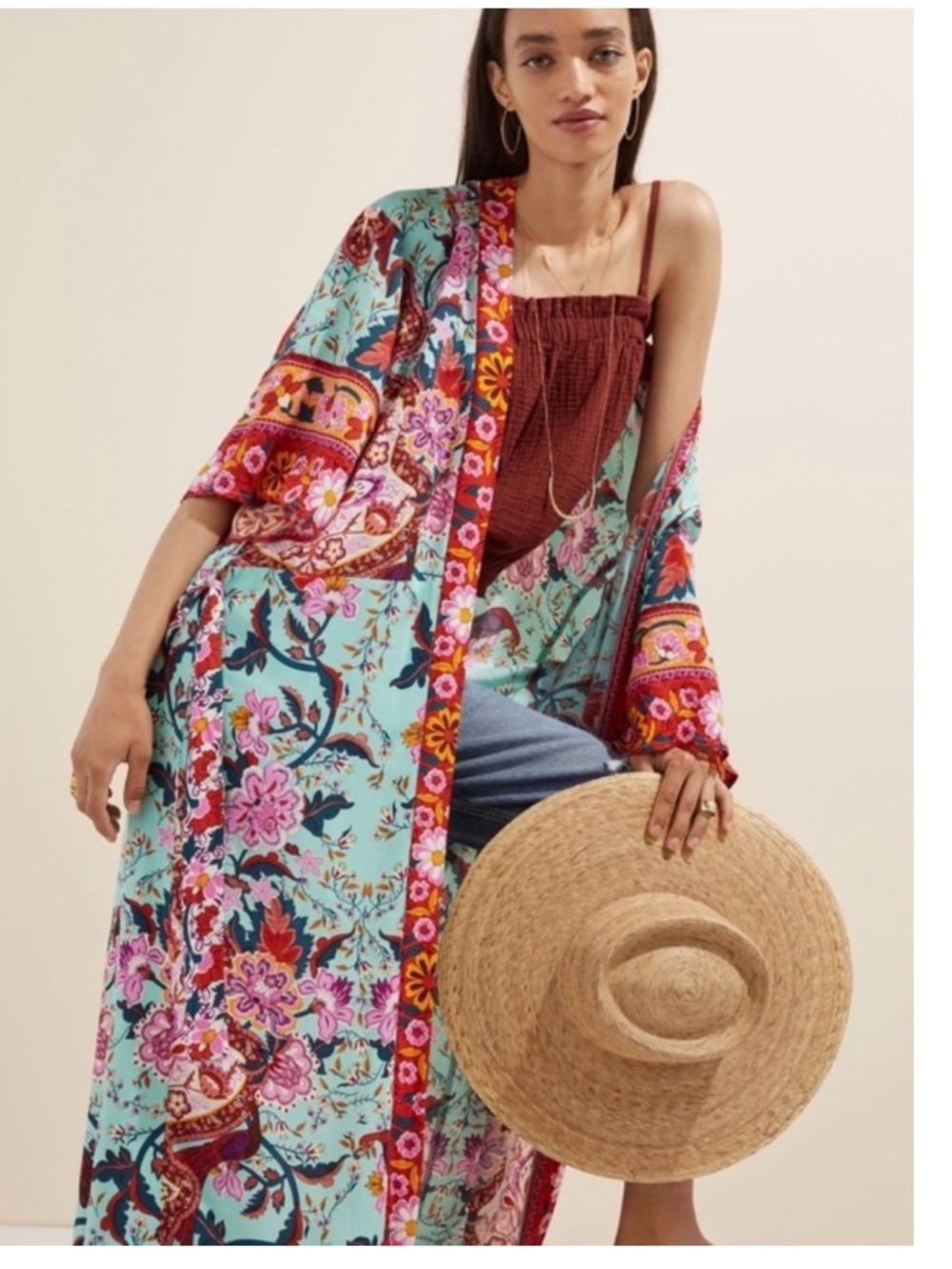 Anthropologie Floral Riley Boho Mint and Coral Kimono Robe One Size